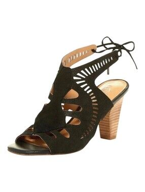 Franco Sarto Black Suede Carolina Stacked Wood Heel Tie Sandals Heels Pumps sz8